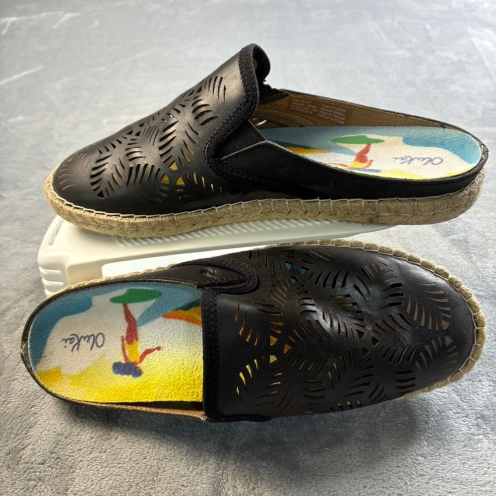 OluKai Kaula 'Olu 'Ili Black Leather Laser Cut Espadrille Mules Womens 8 20450 - Picture 12 of 16